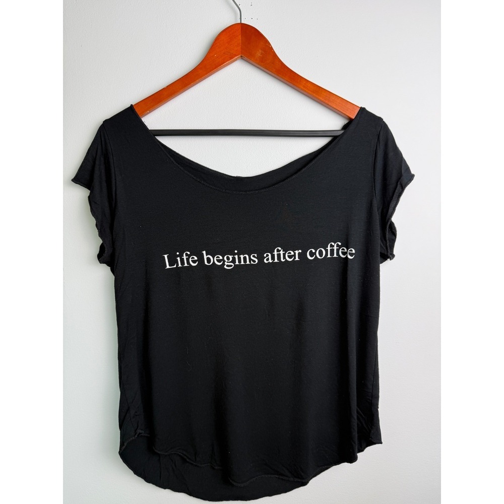 BERSHKA Graphic Tee Women Black Life Begins After Coffee Scoop Neck M